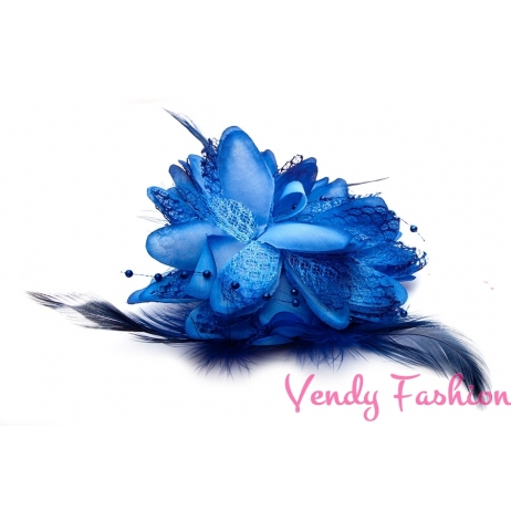 Květina do vlasů s peřím modrá
